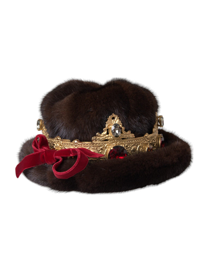 Dolce & Gabbana dark brown mink fur hat with gold crystal crown