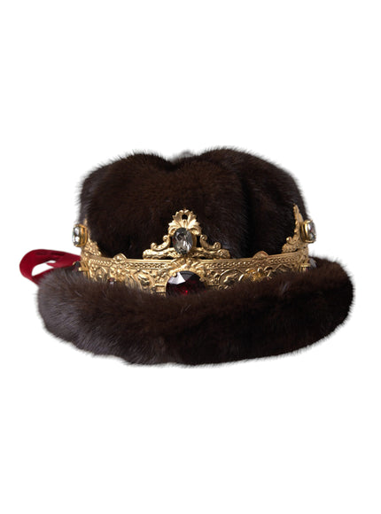 Dolce & Gabbana dark brown mink fur hat with gold crystal crown