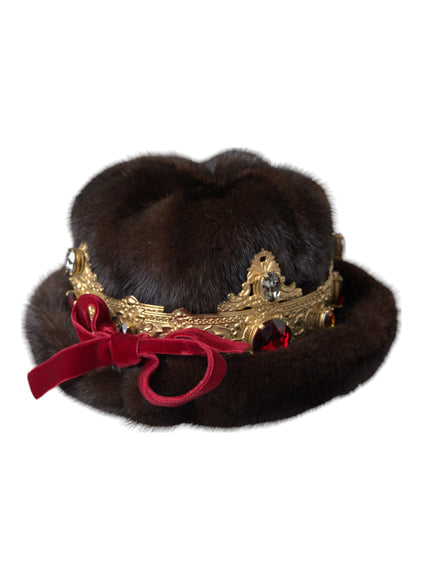 Dolce & Gabbana dark brown mink fur hat with gold crystal crown