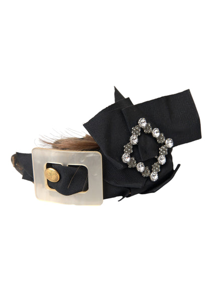 Dolce & Gabbana black headband with crystal button and brown hair