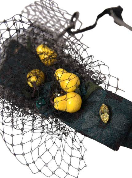 Detailed view of headband with lemons and black net