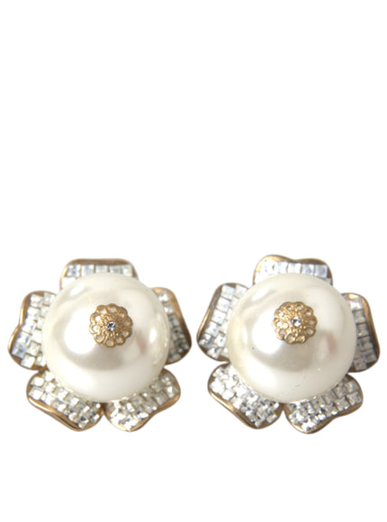 Dolce & Gabbana gold tone faux pearl floral earrings front view