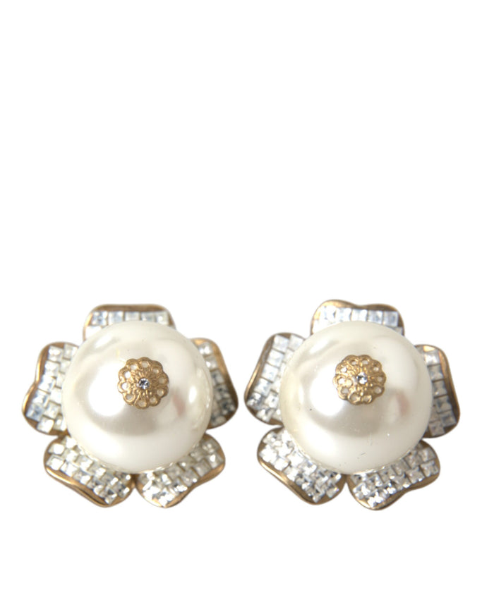 Dolce & Gabbana gold tone faux pearl floral earrings front view