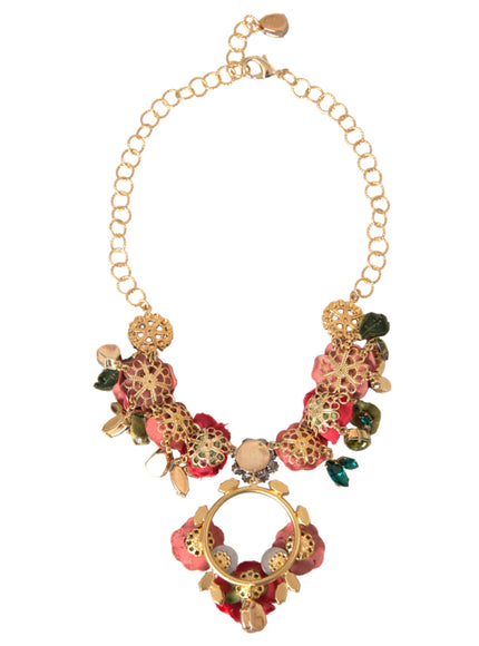 Dolce & Gabbana Gold Brass Link Chain RosePetal Crystal Pendant Necklace