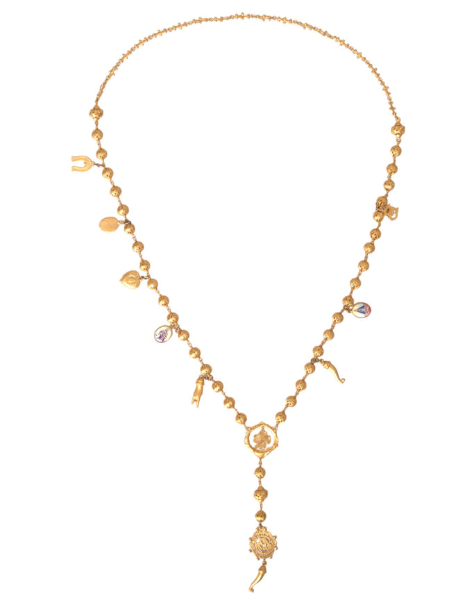 Gold tone chain necklace with charms and beads