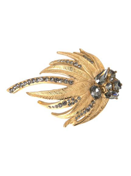 Gold brass leaf brooch with crystal embellishments