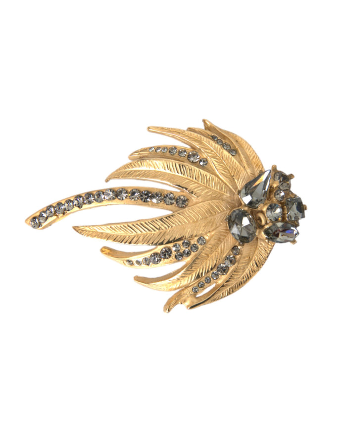 Gold brass leaf brooch with crystal embellishments