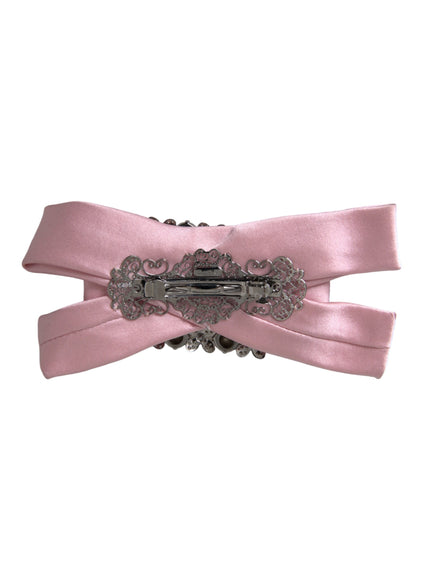 Back view of pink satin crystal brooch hair pin