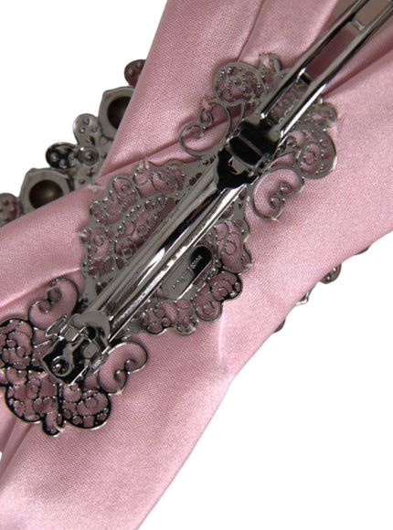 Close-up of clasp on pink satin crystal brooch hair pin