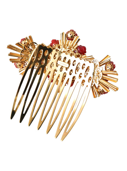 Side angle of gold brass crystal heart hair comb