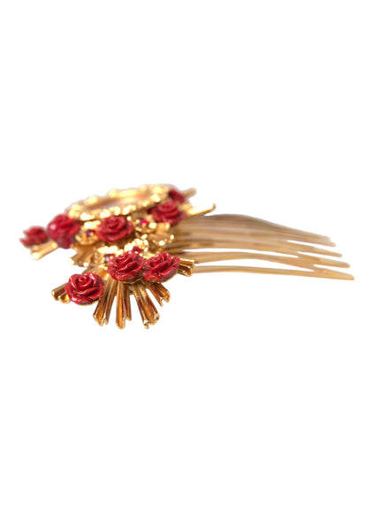 Close-up of red floral details on gold hair comb