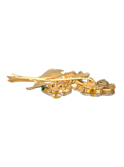 Edge view of gold and green flower brooch pin