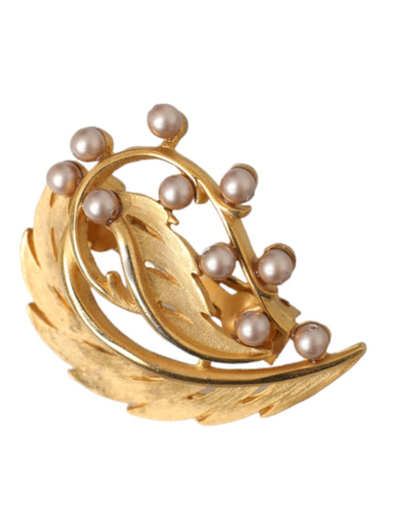 Gold brass leaf brooch hair pin with pearl accents