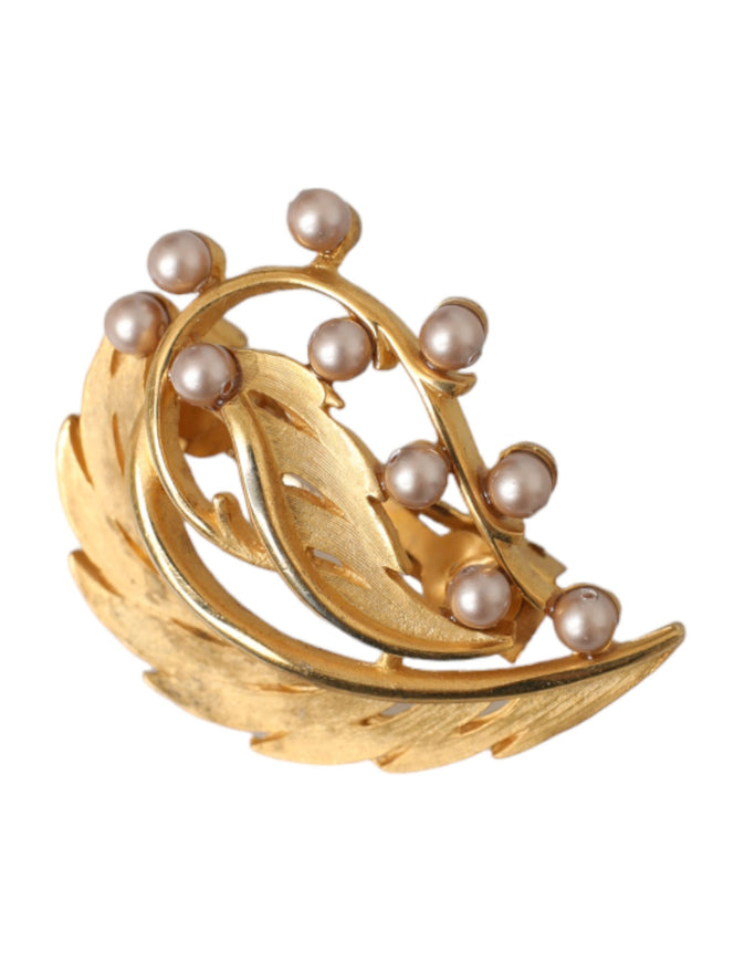 Gold brass leaf brooch hair pin with pearl accents