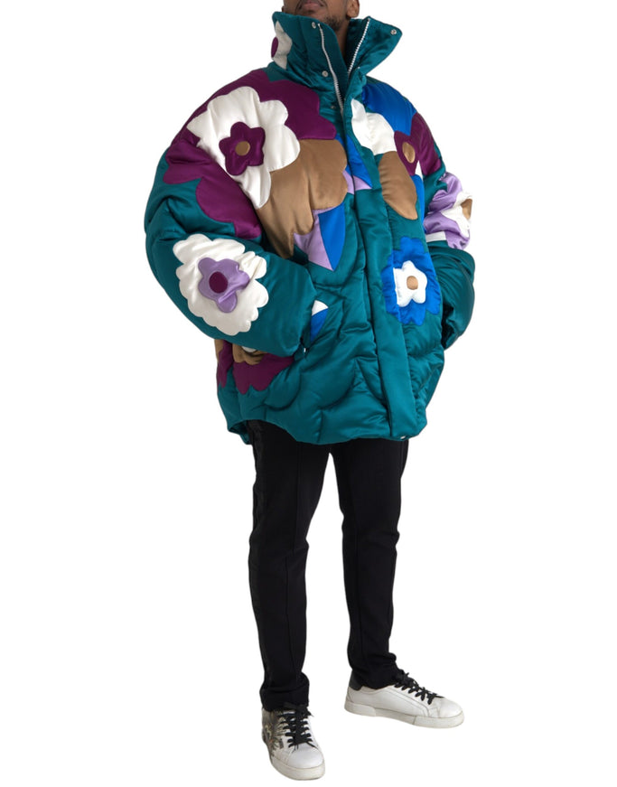 Model wearing Dolce & Gabbana floral puffer jacket