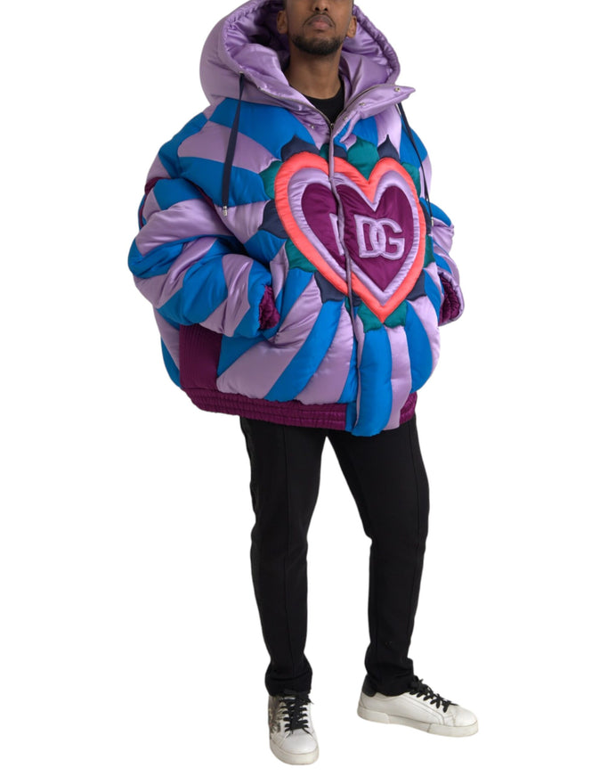 Model wearing Dolce & Gabbana heart logo puffer jacket