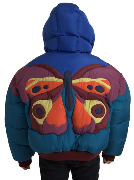 Back view of Dolce & Gabbana butterfly hooded puffer jacket