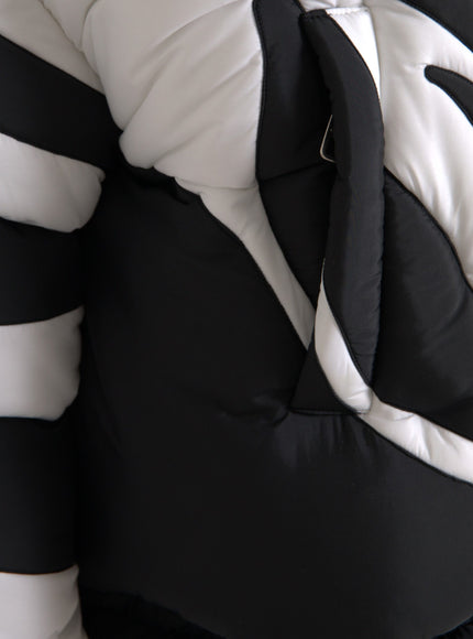 Detail of black and white stripes on puffer jacket