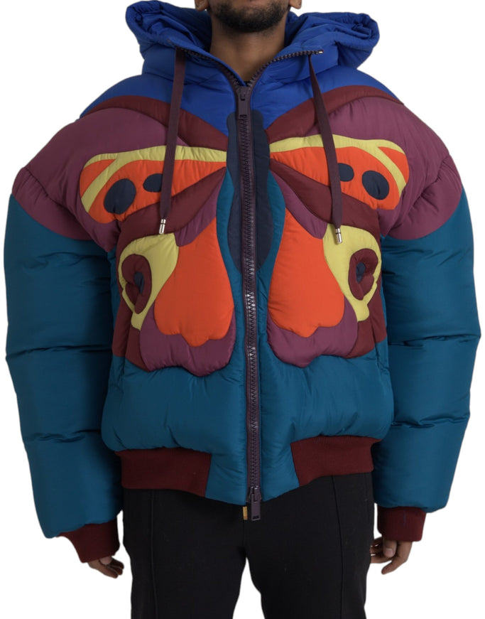 Dolce & Gabbana multicolor butterfly hooded puffer jacket front view