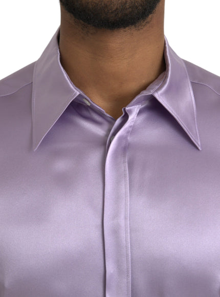 Close-up of Dolce & Gabbana purple satin silk shirt collar