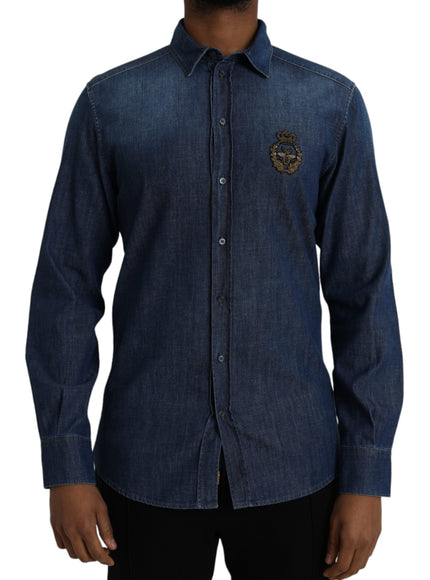 Dolce & Gabbana blue denim shirt with crown bee emblem, front view.