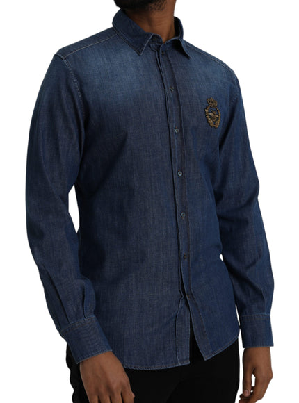 Dolce & Gabbana blue denim shirt with crown bee emblem, side view.