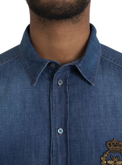 Close-up of Dolce & Gabbana denim shirt collar and buttons.