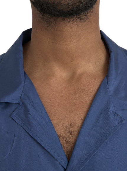 Close-up of Dolce & Gabbana blue silk shirt collar