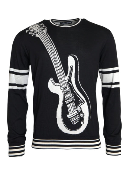 Dolce & Gabbana Black White Guitar Print Silk Pullover Sweater