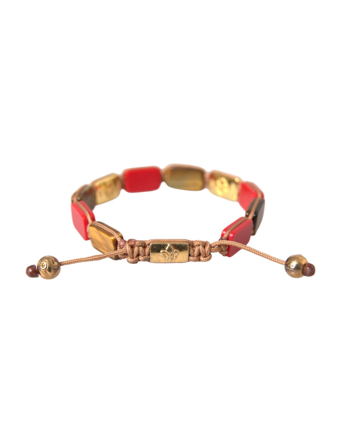 Nialaya CZ Tiger Eye Red Coral Silver Men Bracelet front view