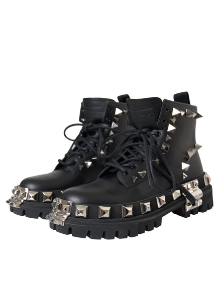 Angled view of Dolce & Gabbana leather studded boots