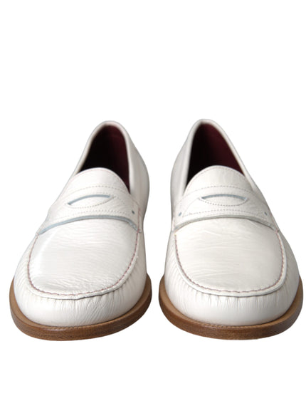 Front view of Dolce & Gabbana white leather loafers