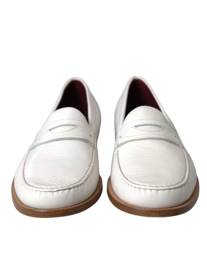 Front view of Dolce & Gabbana white leather loafers