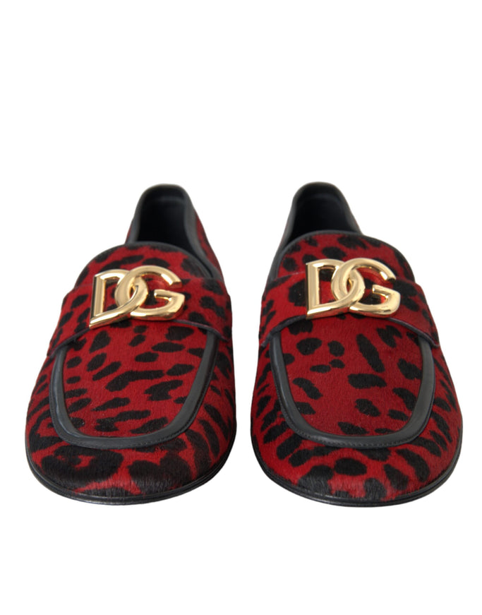 Front view of Dolce & Gabbana leopard loafers with logo