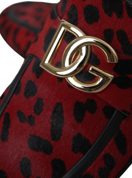 Close-up of Dolce & Gabbana logo on leopard loafers