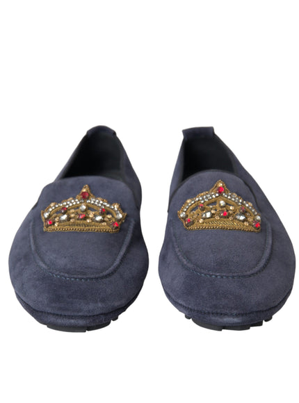 Front view of blue loafers with crystal crown embroidery