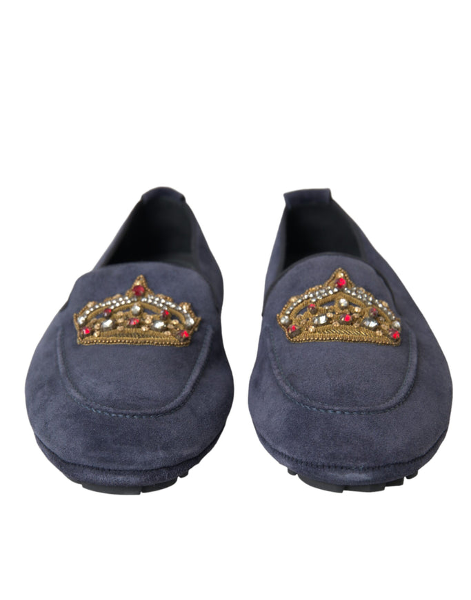 Front view of blue loafers with crystal crown embroidery