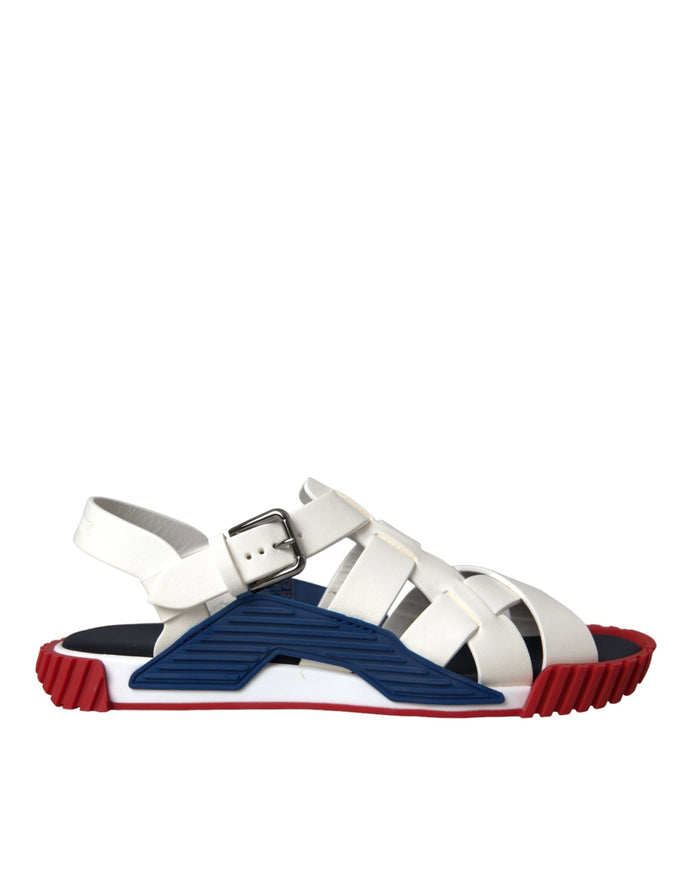 a white and blue sandal with red soles