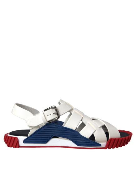 a white and blue sandal with red soles