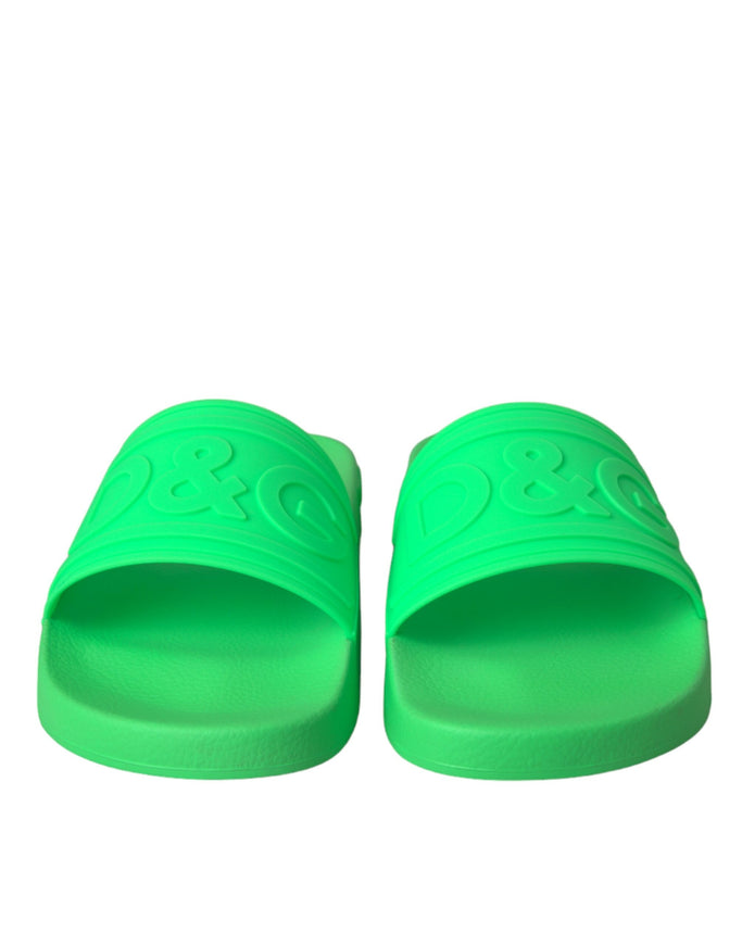 Front view of Dolce & Gabbana green leather slides