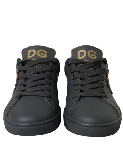 Dolce & Gabbana Black Leather Heart Embellished Sneakers