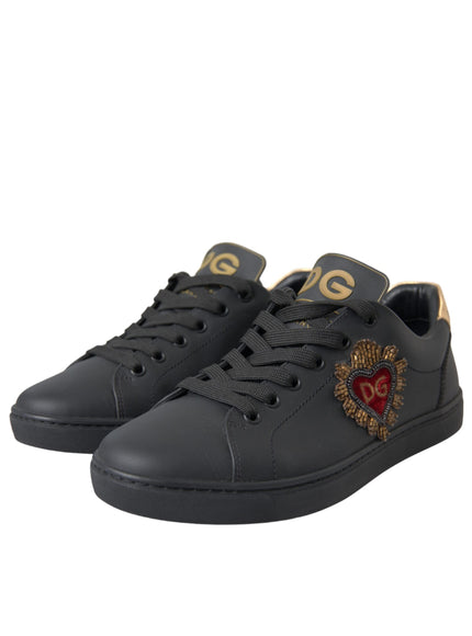 Dolce & Gabbana Black Leather Heart Embellished Sneakers