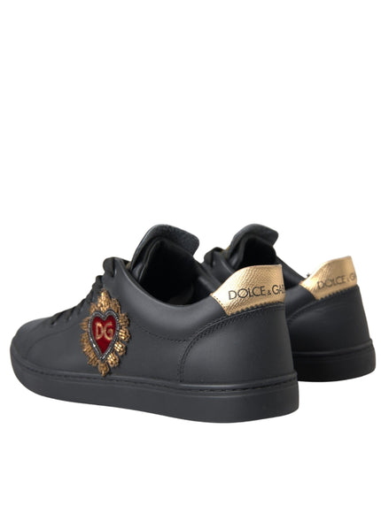 Dolce & Gabbana Black Leather Heart Embellished Sneakers