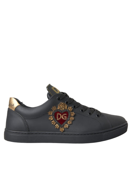 Dolce & Gabbana Black Leather Heart Embellished Sneakers