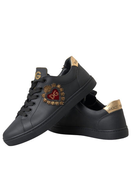 Dolce & Gabbana Black Leather Heart Embellished Sneakers