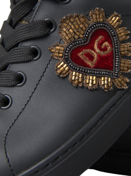 Dolce & Gabbana Black Leather Heart Embellished Sneakers