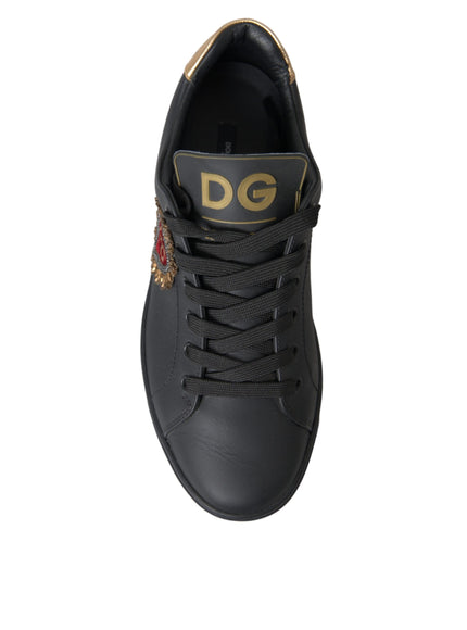 Dolce & Gabbana Black Leather Heart Embellished Sneakers