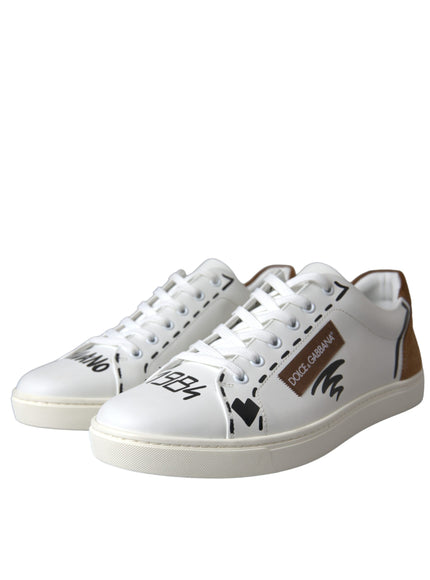 Angled view of Dolce & Gabbana white brown leather sneakers