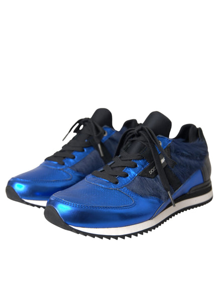 Pair of Dolce & Gabbana blue black calf hair sneakers angled view