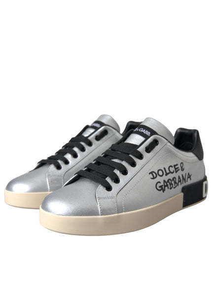 Angled view of Dolce & Gabbana Silver Portofino Sneakers